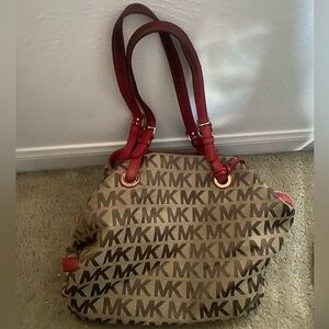 Michael Kors Tan and Red Monogram Logo Tote